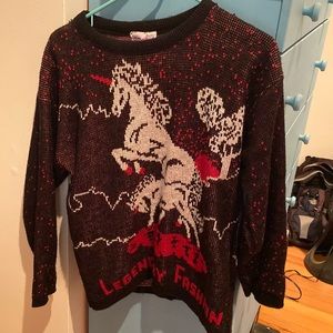 Thrift store unicorn sweater.